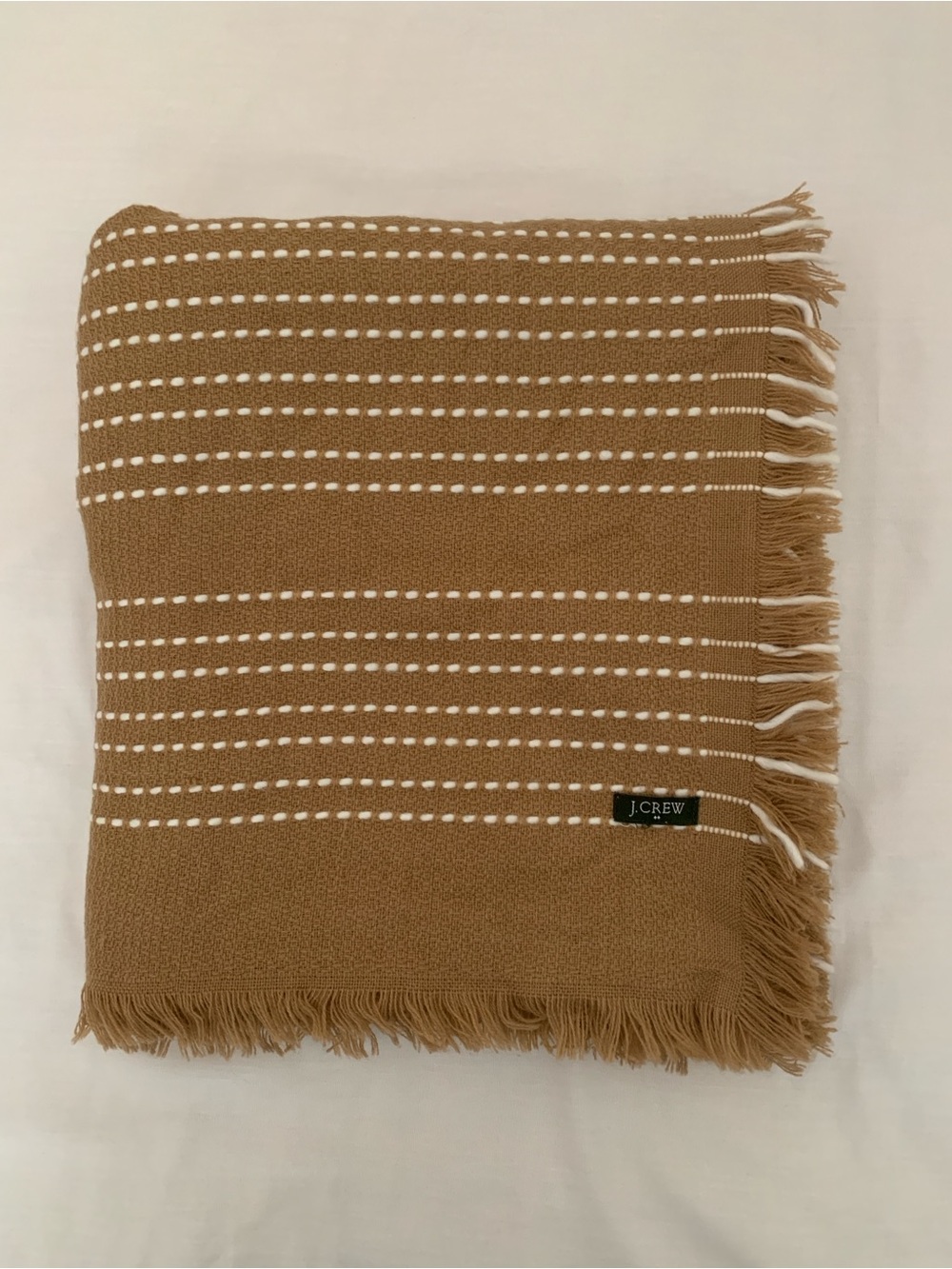 EUC J.Crew Camel Ivory Dotted Stripe Blanket Scarf Wrap Fringe Oversized